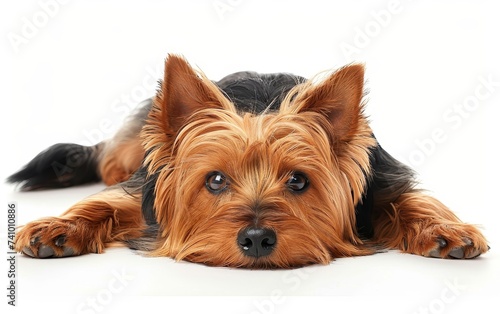 A Silky Terrier lies flat, its shiny tan coat and attentive black-tipped ears displaying its delicate features and attentive nature. photo