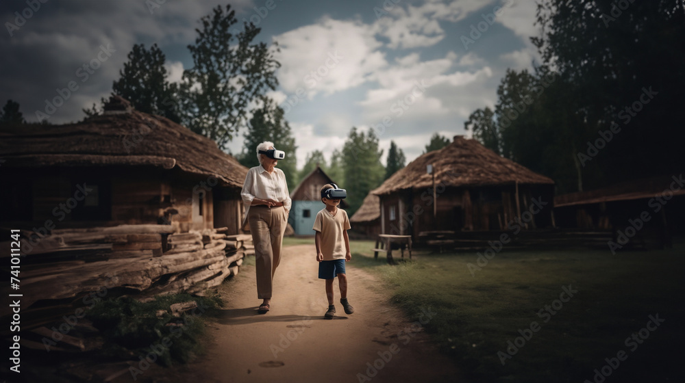 child in the village wearing VR glasses in virtual reality