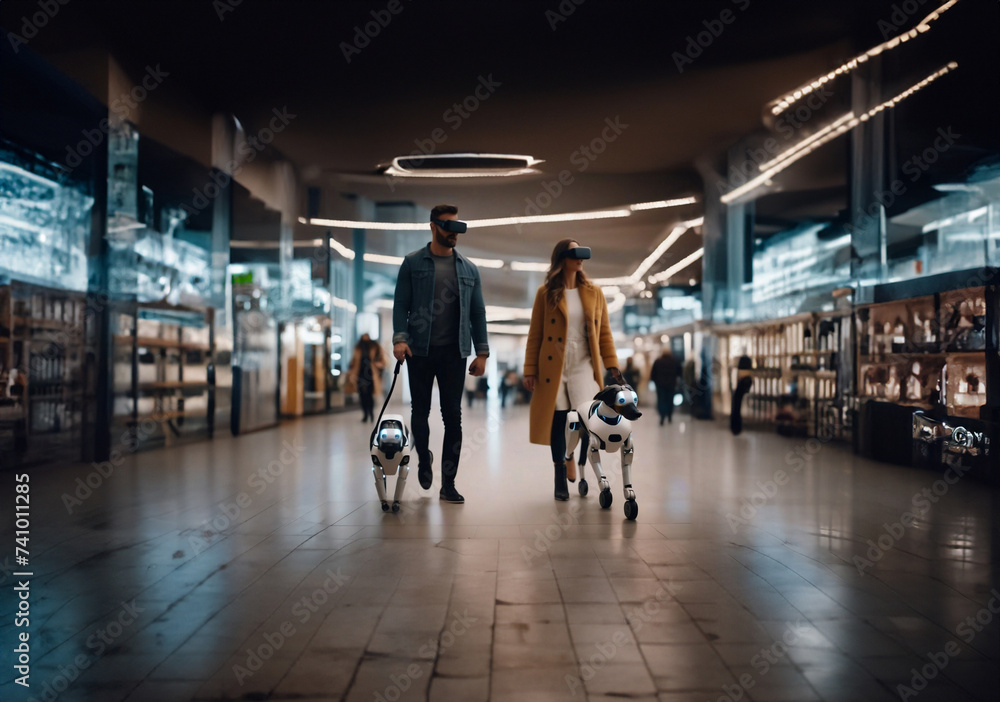 couple of young people in VR glasses with a dog hybrid robot in a shopping center