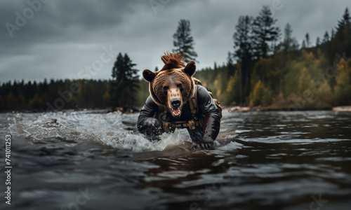 bear tourist with a backpack in the river