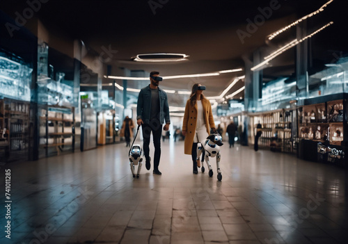 couple of young people in VR glasses with a dog hybrid robot in a shopping center