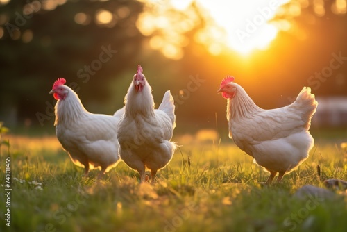 Organic farming with chickens in the fields. When the sun rises with mist. © Nico