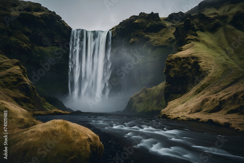 Skogafoss waterfall, one of the most powerful waterfalls in Iceland. Generative AI