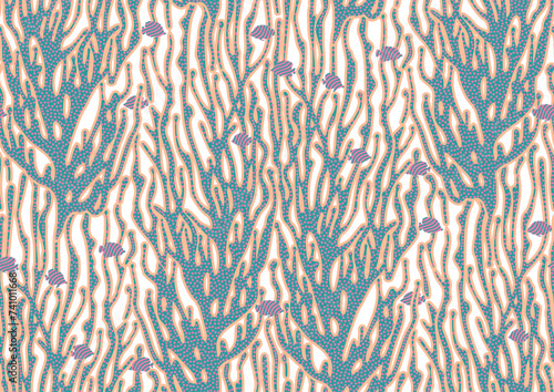 halfdrop pattern with interwined seaweed abstract floral design elements. Trendy peach fuzz, apricot crush, pink yarrow, nautical blue, turquoise colors. Seamless texture in hipster style for beach