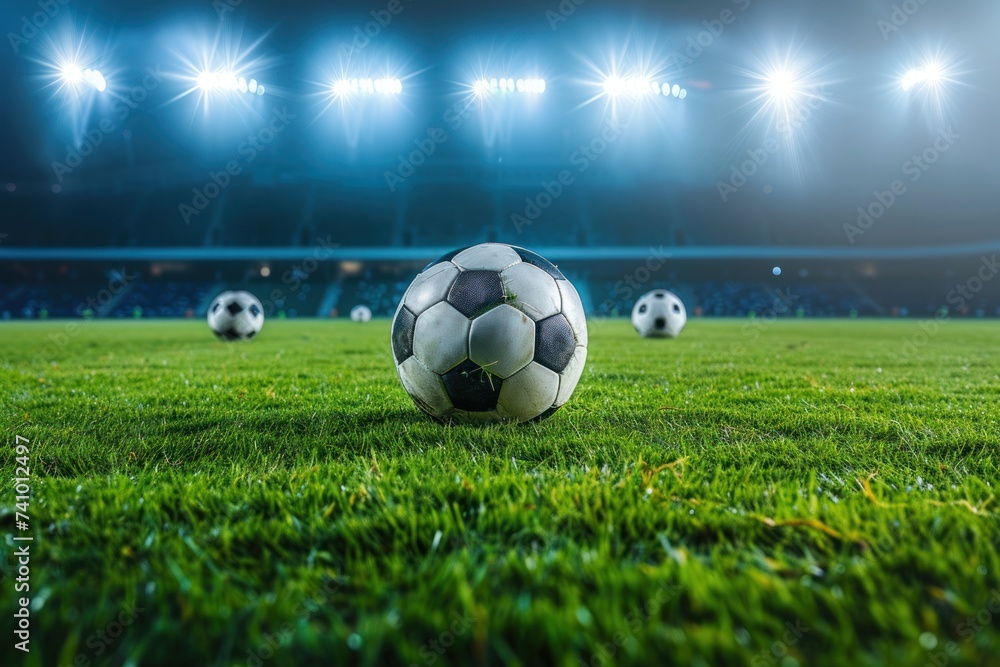 Fototapeta premium A close-up of a wet soccer ball on the grass field under the stadium lights at night, capturing the ambiance of an evening game.