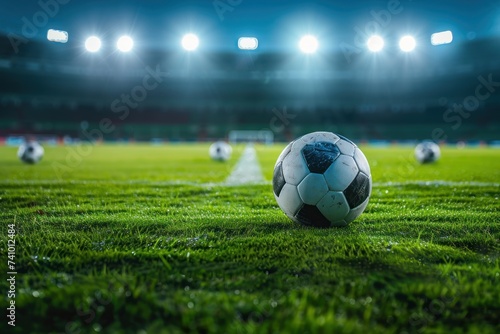 A close-up of a wet soccer ball on the grass field under the stadium lights at night, capturing the ambiance of an evening game. © Tuannasree