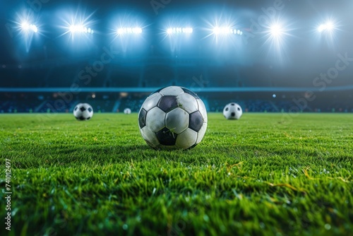 A close-up of a wet soccer ball on the grass field under the stadium lights at night  capturing the ambiance of an evening game.