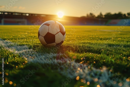Close-up of a soccer ball on a dewy grass field, illuminated by the warm glow of sunrise in an empty stadium. © Tuannasree
