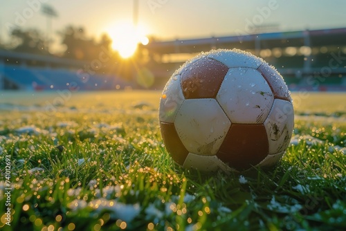 Close-up of a soccer ball on a dewy grass field, illuminated by the warm glow of sunrise in an empty stadium.