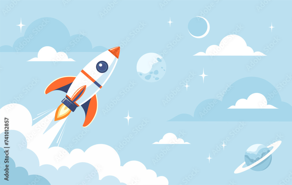 Rocket launch with blue sky on background, flat vector illustration Rocket launch with blue sky on background, flat vector illustration