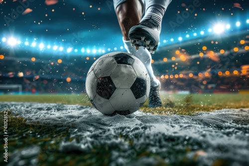 Dynamic image of a soccer player's foot striking the ball on a snowy field, illuminated by stadium lights during a winter match.