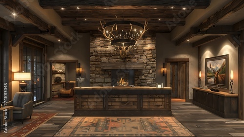 Modern rustic mountain lodge reception front desk design with stone fireplace and antler chandelier photo