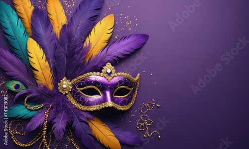 Golden and Purple Mask Gala: Mardi Gras Celebration Card Template - Elevate Your Greetings with Opulence, with empty copy space for text