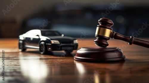Car accident and gavel lawsuit on table or insurance court case, or Vehicle auction concept photo