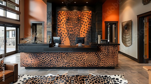 Modern safari inspired reception front desk design with animal print accents and tribal artwork