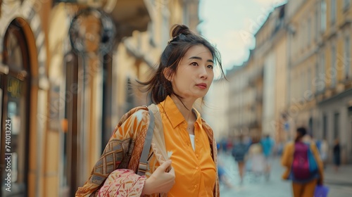 Stylish young woman exploring european city streets. casual fashion in urban setting. everyday lifestyle scene captured on sunny day. AI