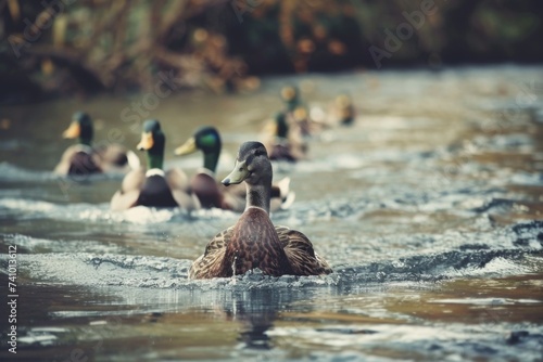 Streamlined Leadership in Nature - Ducks in formation on a river, showcasing the natural instinct to lead and follow