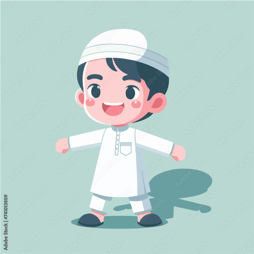 A cheerful Muslim kid in a simple and minimalist flat design style