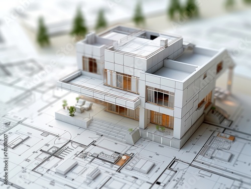 A detailed model of a modern house placed on architectural blueprints, illustrating the planning and design process in architecture.