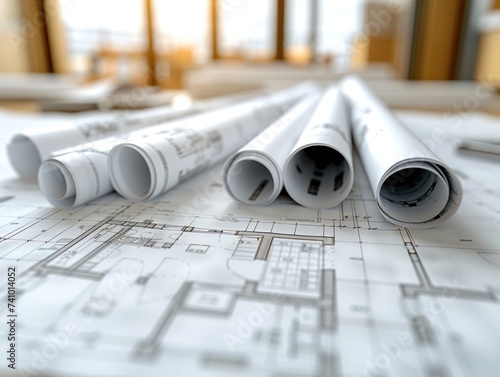 Close-up of rolled architectural blueprints and detailed construction plans spread on a table, essential for building design and engineering.