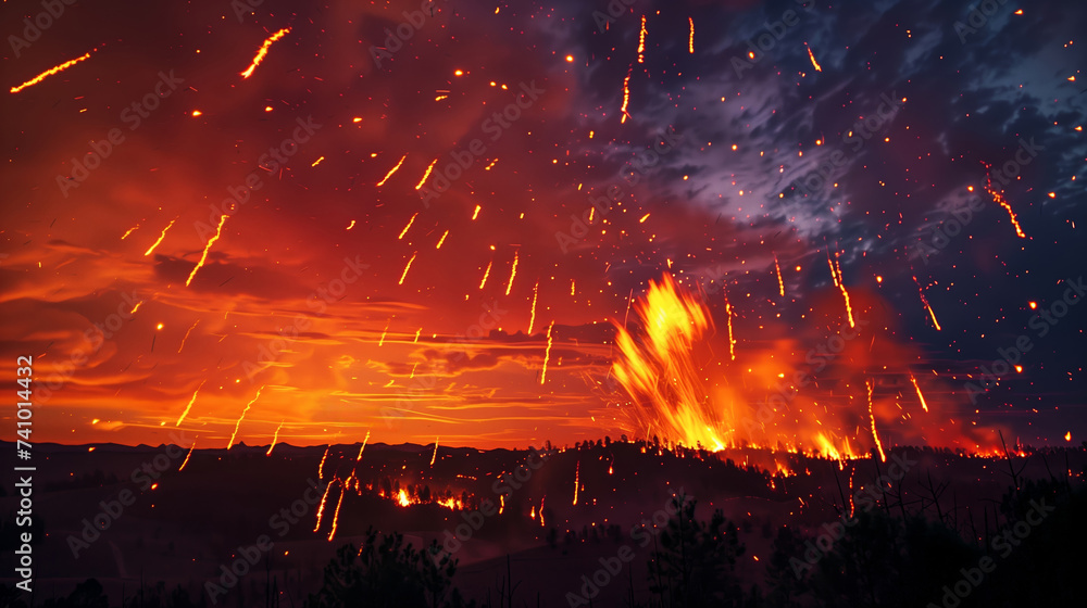 Apocalyptic scenario of the end of the world with balls of fire and sulfur falling from the sky Generative AI Illustration