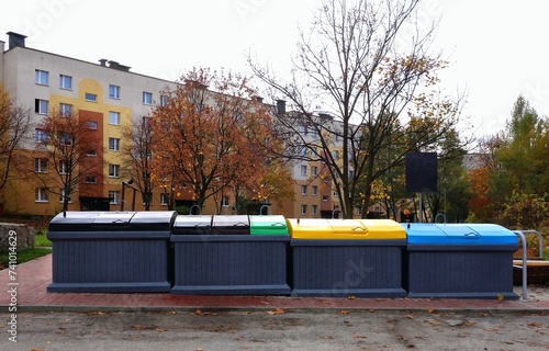 Obraz na płótnie New modern waste segregation bins in a housing estate