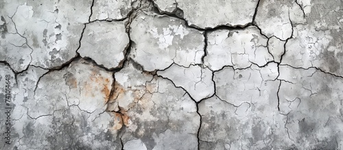 A closeup of a cracked grey concrete wall, revealing a pattern of rectangular bricks. The building material contrasts with the soil and road surface