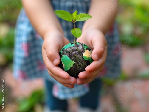 A child's hands carefully holding a small globe with soil and a new plant, emphasizing the importance of nurturing our planet.