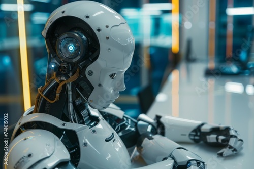 Autonomous Robot Design - A robot in contemplation, showcasing advanced robotics and AI in a sophisticated, high-tech environment. Reflects current trends in automation and machine learning
