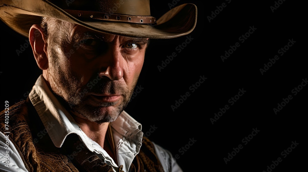 Rugged cowboy portrait in dramatic lighting, western style imagery, ideal for background use. AI