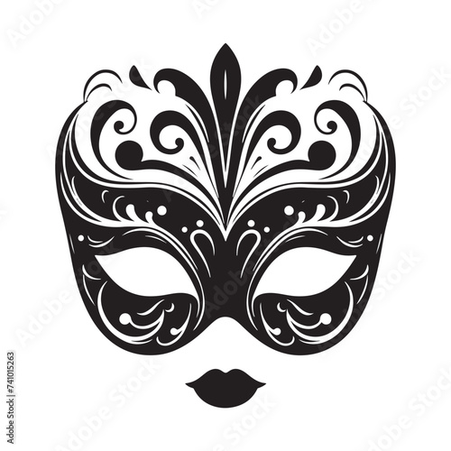 Masked Elegance: Silhouetted Masquerade Mask dorning Face with Intrigue, Mystery, and a Dash of Enigmatic Charm and Allure. Vector masquerade silhouette.