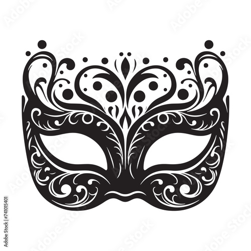 Masked Elegance: Silhouetted Masquerade Mask dorning Face with Intrigue, Mystery, and a Dash of Enigmatic Charm and Allure. Vector masquerade silhouette.