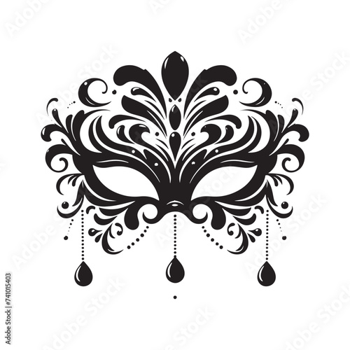 Masked Elegance: Silhouetted Masquerade Mask dorning Face with Intrigue, Mystery, and a Dash of Enigmatic Charm and Allure. Vector masquerade silhouette.