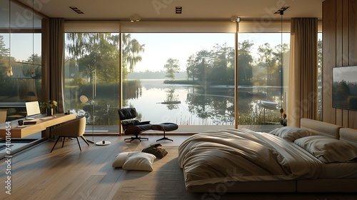 Serene modern bedroom design with a minimalist workspace area and a floor, to, ceiling window offering views of a tranquil lake, Scandinavian style