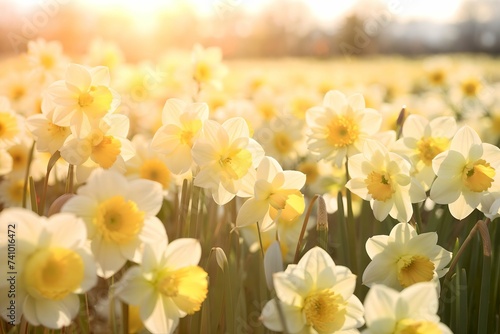 Daffodils flowers field at sunrise. Springtime nature beauty. Easter celebration concept. Design for banner, wallpaper, background. Beautiful spring meadow © dreamdes