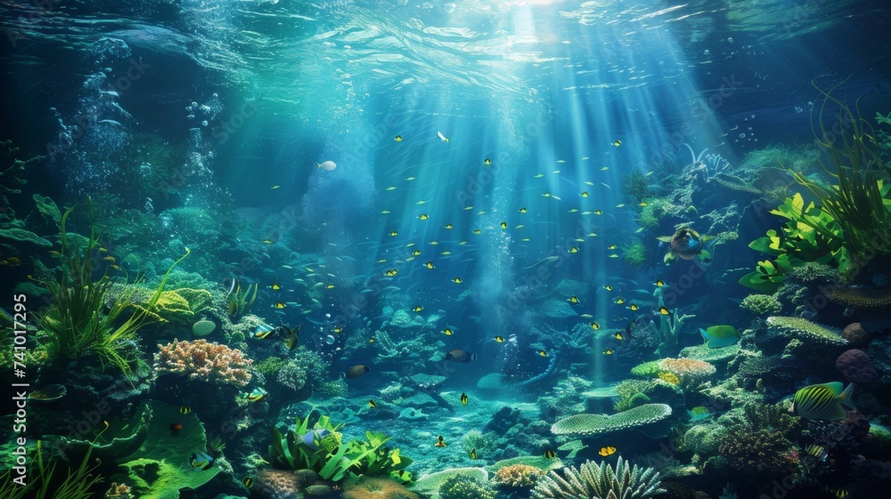 Underwater Oasis with Sunbeams - A vibrant underwater scene with sunbeams filtering through the water, highlighting a rich marine ecosystem