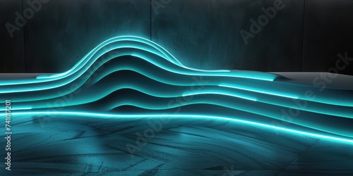 3d render, abstract geometric background illuminated with blue Turquoise neon light. Glowing wavy line