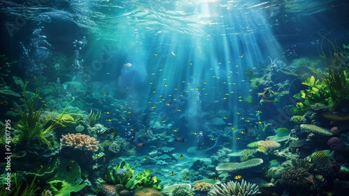 Underwater Oasis with Sunbeams - A vibrant underwater scene with sunbeams filtering through the water  highlighting a rich marine ecosystem