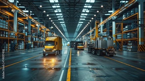 Automated Logistics Center - Autonomous trucks navigate a high-tech warehouse, illustrating cutting-edge logistics and supply chain management