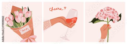 Abstract romantic greeting postcards. Flat bouquets of tulips, hand with wine glass, branch of hydrangea. Floral celebration concept. Vector fashion set