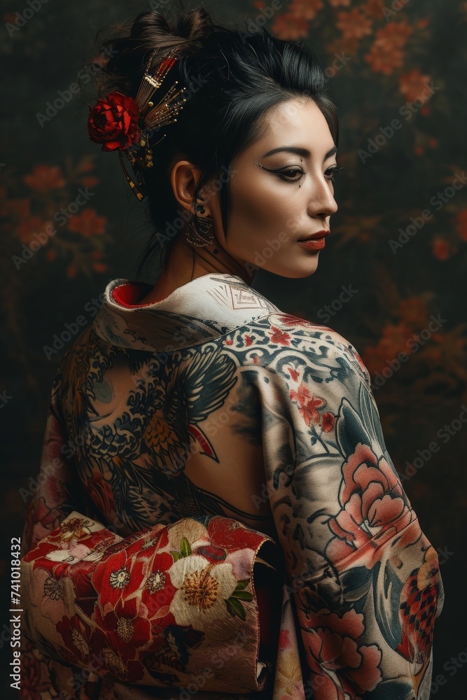 Fototapeta premium Low Key Portrait of Female with Traditional Japanese Tattoos