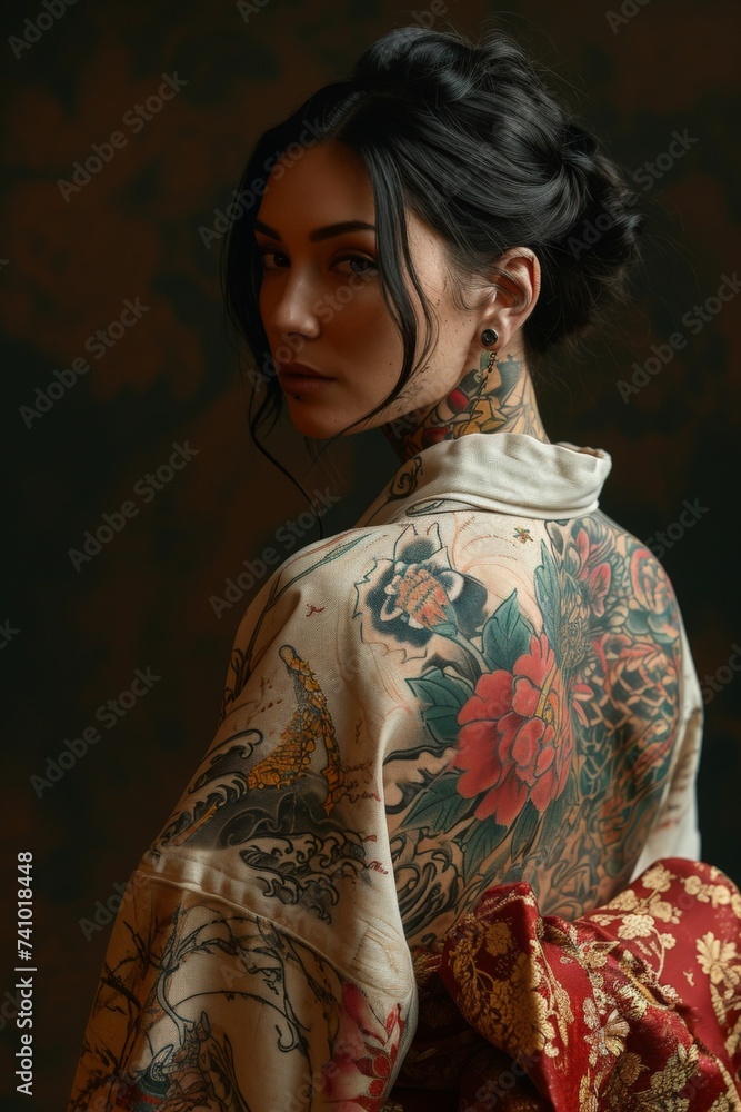 Low Key Portrait of Female with Traditional Japanese Tattoos