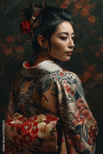 Low Key Portrait of Female with Traditional Japanese Tattoos