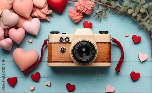 photo camera on wooden background This camera's design is a testament to luxury, individuality, and an inclination toward the unusual. vintage camera lying on autum leaves, grapes, apples, walnut 
