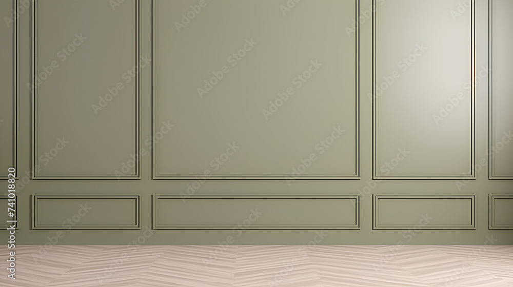 Fragment of an interior made of classic light green panels. Light green wall background with copy space in an empty room with brown parquet floor. Fragment of an interior made of classic light green panels. Light green wall background with copy space in an empty room with brown parquet floor.