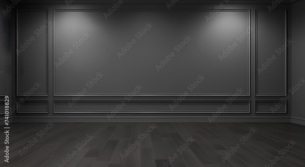 Fragment of an interior made of classic gray panels. Gray wall background with copy space in an empty room with gray parquet floor. Classical wall molding decoration in modern empty luxury home Fragment of an interior made of classic gray panels. Gray wall background with copy space in an empty room with gray parquet floor. Classical wall molding decoration in modern empty luxury home