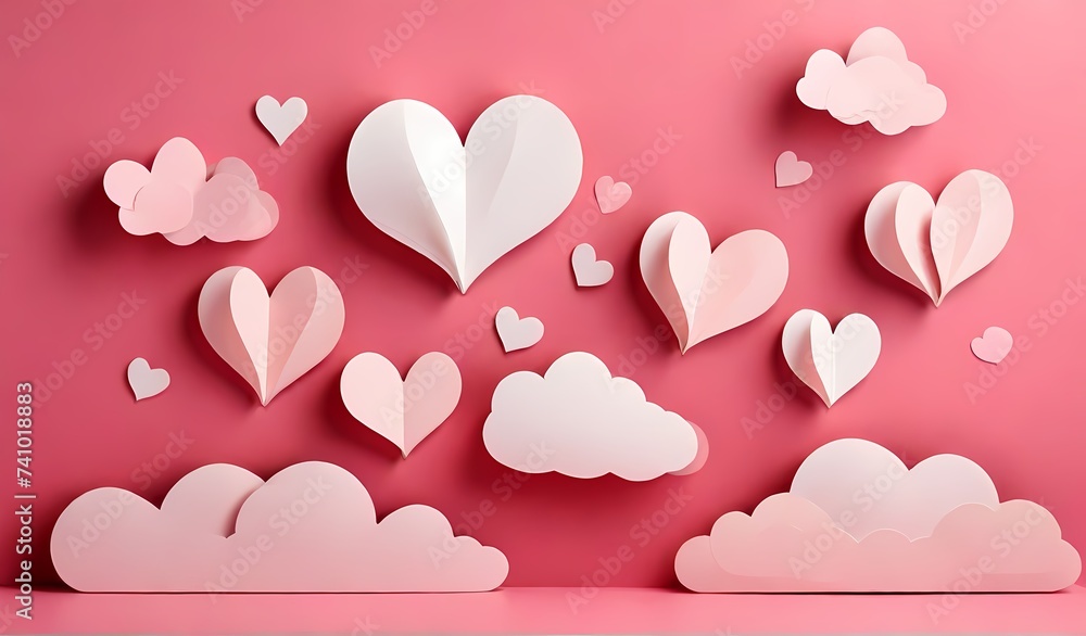 pink hearts on a pink background Love in the clouds - valentine's day conceptual artwork Valentine's day paper art with hearts and clouds

