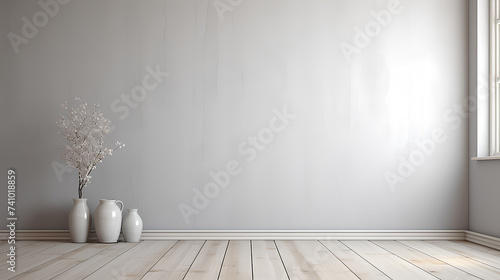 Fragment of an interior made of classic gray panels. Gray wall background with copy space in an empty room with gray parquet floor. Classical wall molding decoration in modern empty luxury home © Tanuha