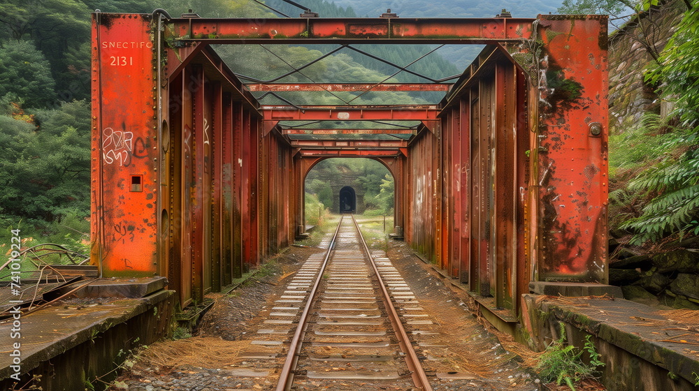 Rusty red railroad bridge overgrown with vegetation leading to a tunnel in a lush forest Rusty red railroad bridge overgrown with vegetation leading to a tunnel in a lush forest