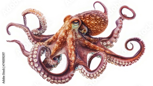 front-on view of floating friendly-looking octopus with long tentacles, 4 tentacles facing left and 4 tentacles facing right, on white background, light maroon, in the style of national geographic pho